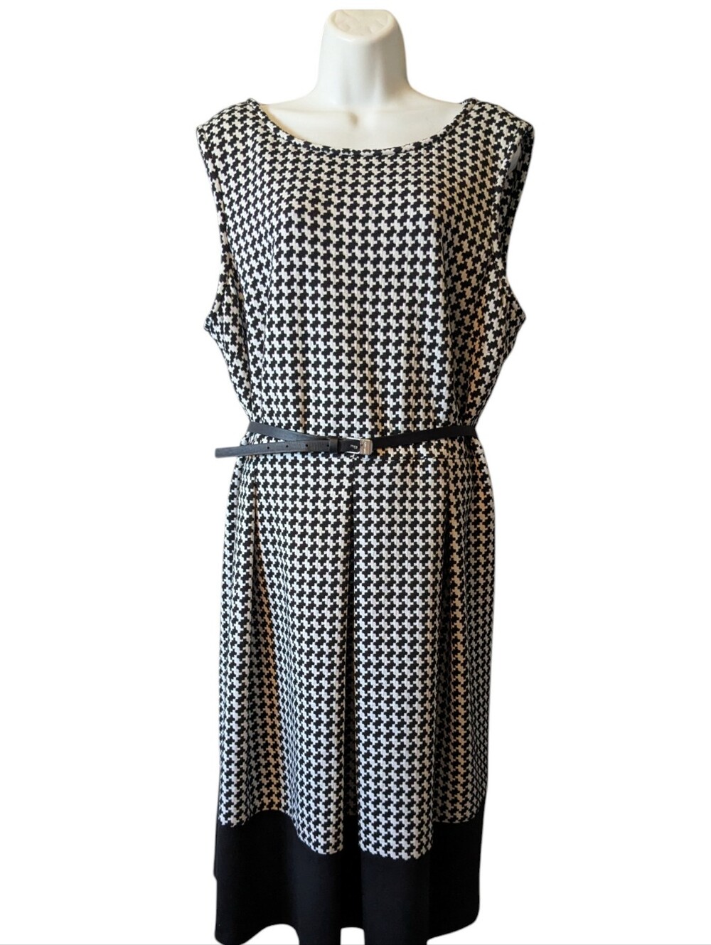 Calvin Klein Black and White Houndstooth Midi Dress with Belt